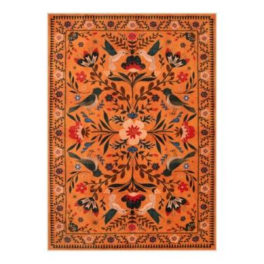 Imagem de Moynesa Tapetes laváveis 12 x 18 cm, tapetes macios ultrafinos para sala de estar e quarto, antiderrapante, tapete floral laranja com estampa de pássaro boho para sala de jogos, escritório, cozinha