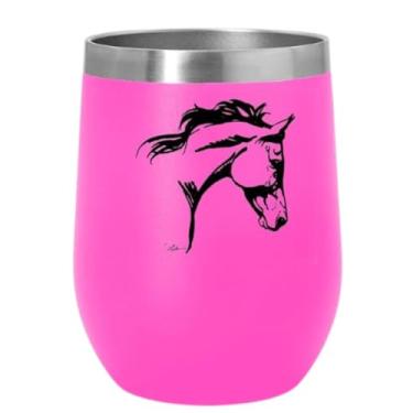 Imagem de Tack Shack of Ocala Copo de vinho AWST com parte superior deslizante em turquesa, rosa e preto com cavalo pulando ou trotando ou cabeça de cavalo (cabeça de cavalo rosa)