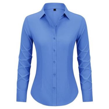 Imagem de Camisas com botões, vestido ajustado, com gola, feminino, azul, GG - M