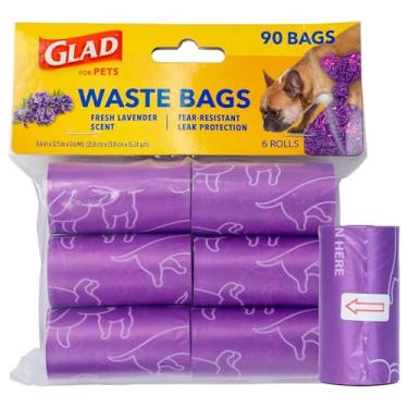 Imagem de Glad Para sacos de lixo perfumados de animais de estimação, sacos de coleta de cocô de estimação resistentes a rasgos com proteção contra vazamento, aroma de lavanda fresca, designs roxos, 6 rolos, 90