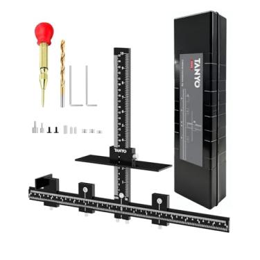 Imagem de TANYO Gabarito de ferragens de gabinete, gabarito de alça de armário ajustável com perfurador central, ferramenta de modelo de alça de armário de alumínio, gabarito de gabinete mais preciso para