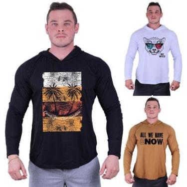 Imagem de Kit 3 Camisetas Manga Longa com Touca Longline Estampada Treino Academia Lazer Casual-Masculino