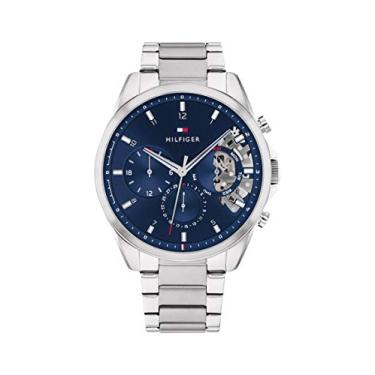 Imagem de Tommy Hilfiger Relógio masculino – quartzo multifuncional, caixa de aço inoxidável de 44 mm, mostrador esqueleto, pulseira de elos – relógio social masculino, Prata