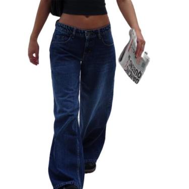 Imagem de Calças jeans de perna larga Yoawdats DEEP Blue para mulheres (M)