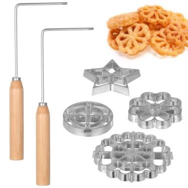 Imagem de 6 moldes de ferro roseta para waffles, kit de bunuelos de cabo de madeira, moldes de bolo de liga de alumínio em 4 formas para cozinhar DIY