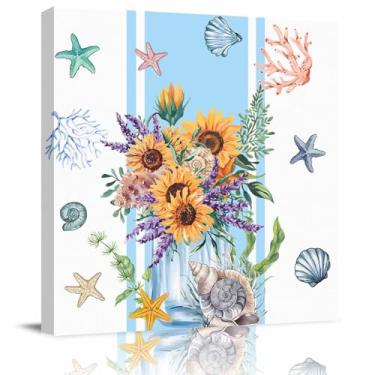 Imagem de LDLYTZXK Arte de parede em tela quadrada de concha de girassol de verão, pintura em tela de estrela do mar coral oceano para escritório, sala de estar, quarto, banheiro, arte giclée moderna