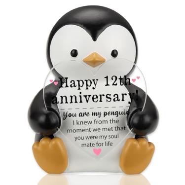 Imagem de Presente sincero de resina de pinguim de 12º aniversário, lembrança preciosa para casais, presente memorial ideal para parceiros comemorando o décimo segundo ano juntos, decoração de pinguim amoroso