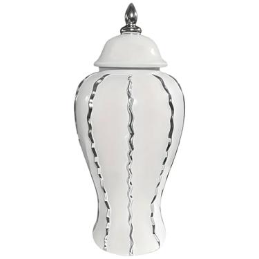 Imagem de LUMINFLY Jarra de gengibre de porcelana ondulada prateada, vaso de armazenamento de cerâmica com tampa de cúpula tradicional, vaso de flores decorativo para decoração de casa