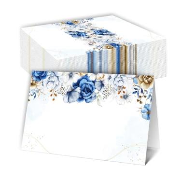 Imagem de DRWJPAT Cartões de lugar florais azuis, cartão de nome de flores em aquarela para mesa de mesa, 25 cartões de barraca de mesa de comida para aniversário, casamento, chá de bebê, jantar, festa