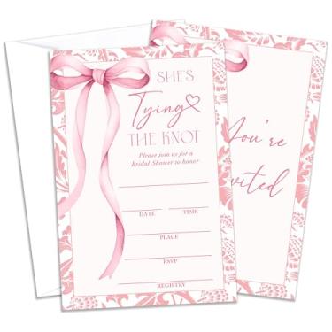 Imagem de Convites de festa de casamento, convites de chá de panela Shes Tying The Knot, convite de preenchimento de laço rosa para festa de despedida de solteira, lembrancinhas de suprimentos de decoração de