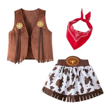 Imagem de Cow Girl Outfits for Girls Western Style Role Play Vest Suit Classic Suede Costume Set with Skirt 3 Pcs Halloween Woody Clothes 6-7 Years