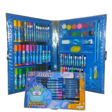 Imagem de Kit Material Escolar 94 Peças Canetinha Hidrográfica Giz Pastel Lápis de Cor Apontador Borracha Tesoura Pincel Régua Kit Azul Completo