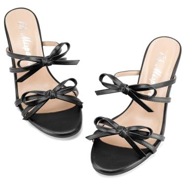 Imagem de Oh Mispares Sandálias femininas de salto alto com tiras de salto alto redondo e bico aberto com laços, chinelos de salto alto elegantes de 5 cm para festa de casamento, formatura, Preto, 36