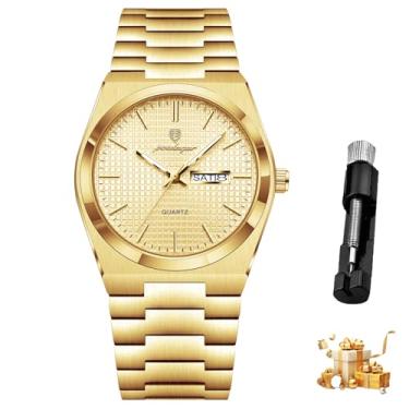 Imagem de Relógio masculino, movimento analógico de quartzo, caixa e bracelete em aço inoxidável, resistente à água, relógio de pulso cronógrafo, ouro