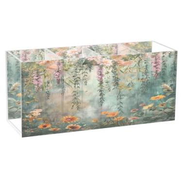 Imagem de SEHANY Porta-canetas de parede vintage de jardim para mesa, 4 compartimentos, porta-lápis de acrílico, organizador de pincéis de maquiagem, organizador de papelaria para escritório, casa