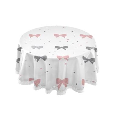 Imagem de SEHANY Toalha de mesa redonda com laço rosa de 152 cm, tecido lavável sem rugas, toalha de mesa decorativa de renda para restaurante, casamento, acampamento, festa de cinco de maio