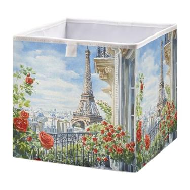 Imagem de SEHANY Caixa de armazenamento dobrável com flores da Torre Eiffel, organizador de tecido grande, dobrável, para roupas, brinquedos, livros, armário, berçário, 28 x 28 x 28 cm