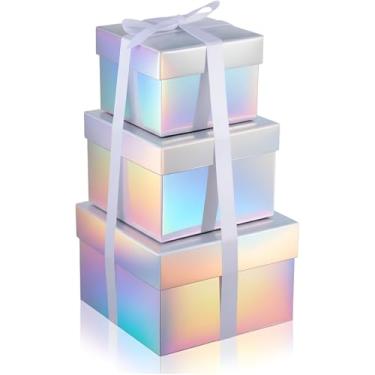 Imagem de Fulmoon Pacote com 3 caixas de presente quadradas prateadas holográficas com tampas, tamanhos variados, 17,8 cm, 15,2 cm, 12,7 cm, com fita para presentes de casamento, Natal, aniversário, lembrança