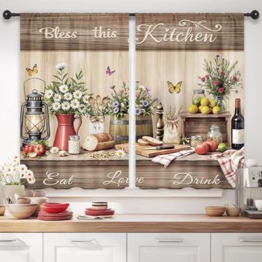 Imagem de Riyidecor Cortinas de cozinha rústicas flores florais rústicas borboleta tábua de madeira prancha de madeira botânica retrô bolso para varão citação engraçada quarto sala de estar tratamento tecido 2