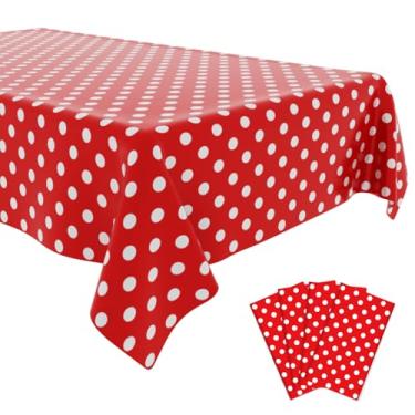 Imagem de OLIVBIN Pacote com 4 toalhas de mesa de bolinhas vermelhas, vermelhas e brancas, capa de mesa retangular de plástico descartável, adequada para mesas retangulares (137 x 272 cm)