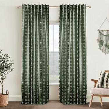Imagem de Cortinas de linho transparente verde-oliva com estampa boho, 203 cm de comprimento, para sala de estar, conjuntos de 2 painéis