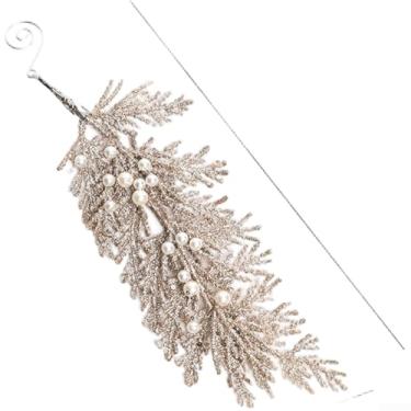 Imagem de Enfeite de árvore de Natal de plástico champanhe com pingente de folha de pérola, decoração de férias elegante para casa festiva, pingente leve para pendurar, 15 x 9 cm, 28 x 10 cm, 33 x 8 cm tamanhos