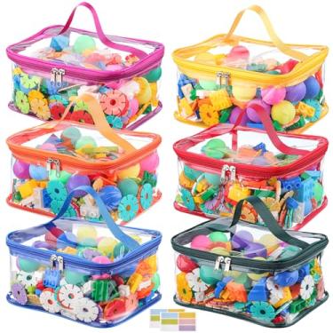 Imagem de 6 pacotes de bolsas transparentes de armazenamento de brinquedos, organizador de brinquedos coloridos à prova d'água de PVC com zíper, sacos reutilizáveis para blocos de construção, jogos de tabuleiro