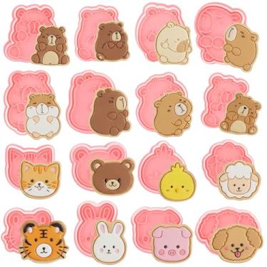 Imagem de Jspupifip Conjunto de 16 cortadores de biscoito de animais capivara, carimbos de êmbolo de biscoito 3D, moldes de imprensa de animais de fazenda, circo, faça-você-mesmo, cortadores de biscoito de chá