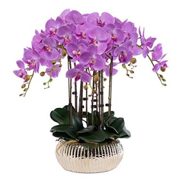 Imagem de Conjunto de flores artificiais, flores artificiais Phalaenopsis com plantador, orquídea artificial grande em vaso, flor falsa para sala de estar