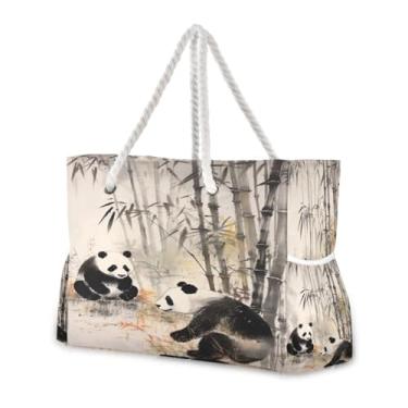 Imagem de Wassud Bolsa de praia grande para mulheres Pandas na floresta de bambu, impermeável, à prova de areia, bolsa de viagem com zíper e bolso para piscina, academia, acampamento