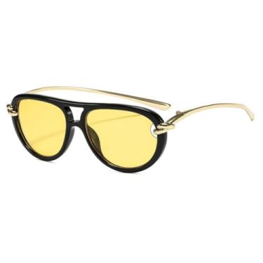 Imagem de JRLLFD Óculos de sol de luxo com ponte dupla para mulheres, moda punk de metal, masculino, uso ao ar livre, UV400, para dirigir (preto e amarelo)