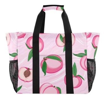 Imagem de Wassud Peaches with Leaves Sacolas de mercearia reutilizáveis grande bolsa organizadora de lona impermeável para praia, piquenique, lavanderia, viagem