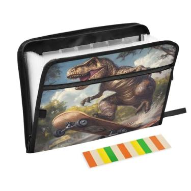Imagem de CEBUGI Pasta expansível de 13 bolsos, impermeável, sanfonada, organizador de arquivos com etiquetas tamanho A4, organizador de documentos de papel para escola, material de escritório, dinossauro