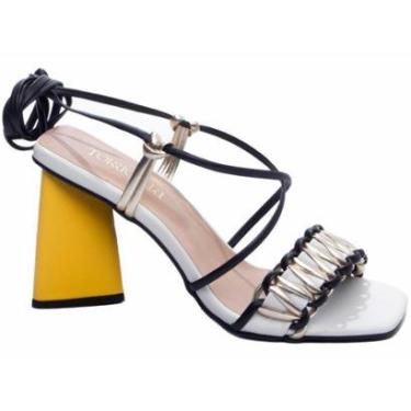 Imagem de Sandália Torricella branca amarela e preta com detalhes dourados amarração e salto triangular-Feminino