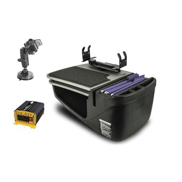 Imagem de AutoExec Mesa de carro GripMaster para sua estação de trabalho de veículo e escritório móvel, cinza, com suporte de impressora, inversor de potência de 400 watts e suporte de sucção para telefone