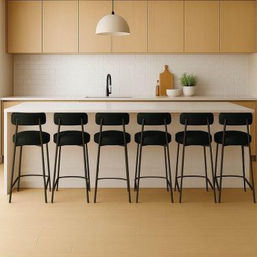 Imagem de Banqueta Cozinha Alta Com Encosto Industrial Dourado Kit 6 Londres Pu D03 - D'rossi Preto