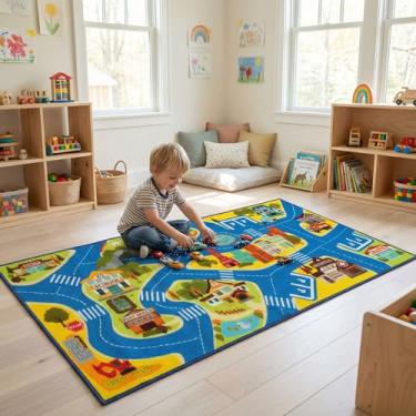 Imagem de saihe Tapete infantil para brincar da cidade, design educacional de mapa da cidade com edifícios e estradas, tapete de aprendizagem interativo, tapete de sala de aula