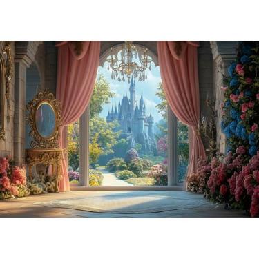Imagem de Baocicco Pano de fundo de castelo antigo para fotografia 2,1 x 1,5 m cortinas rosa vintage espelho lustre decoração floral cenário para festa de aniversário de casamento, meninas, fotos, adereços de