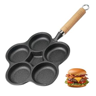 Imagem de JUSTUP Frigideira antiaderente, frigideira dividida de ovo de ferro fundido com 5 xícaras com cabo de madeira, frigideira de omelete para ovos, bifes e hambúrgueres (preto-5)