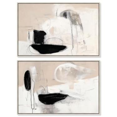 Imagem de Conjunto de 2 arte de parede para sala de estar com impressão abstrata de luxo neutro por Art Remedy, moldura prata, 38 x 25 cm