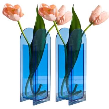 Imagem de Vaso de acrílico de cristal, 2 peças, vaso de flores com design moderno, vaso de acrílico para centro de mesa de casamento, elegante vaso floral para mesa de sala de estar, escritório (azul)