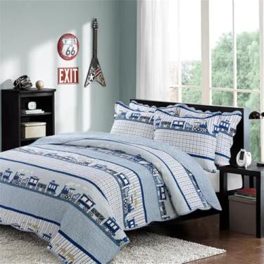 Imagem de Edredom de algodão para cama infantil, conjunto de três peças para estudantes, em algodão lavado, azul, 230x250cm.