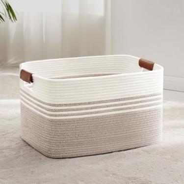 Imagem de Cesta de corda de algodão marrom, cesta de armazenamento de 72L para cobertores, brinquedos, roupas, cesto de roupa grande, cesto de roupa suja de vime infantil, cesto de roupa suja alto com alças