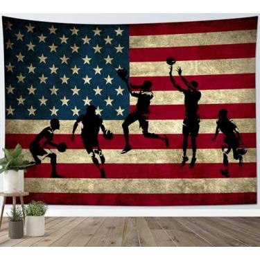 Imagem de LB Tapeçaria de basquete vintage para quarto de meninos - tapeçaria de parede com bandeira americana - decoração de parede de jogador de esportes para sala de estar dormitório da faculdade - cenário