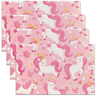 Imagem de Tapete de mesa fofo de unicórnio rosa, desenho animado, estrelas, borboleta, meninas, meninos, mulheres, crianças, tema de princesa, coroa amarela, decoração de mesa de sala de jantar, 30 x 45 cm