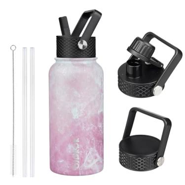 Imagem de BJPKPK Garrafas de água isoladas com tampa de palha, garrafa de água de aço inoxidável de 765 g com 3 tampas, caneca térmica de metal à prova de vazamento sem BPA, garrafa de água esportiva mantém