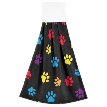 Imagem de Toalhas de cozinha pretas com estampa de pata de cachorro multicoloridas com laço para pendurar no forno conjunto de 2 toalhas de cozinha macias e absorventes fofas, decorativas, 46 x 35 cm