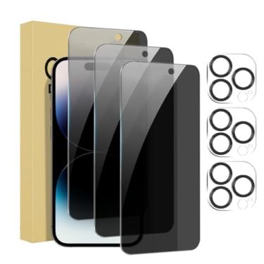 Imagem de Pacote com 3 protetores de tela de privacidade para iPhone 14 Pro Max de 6,7 polegadas com 3 protetores de lente de câmera, película de vidro temperado antiespião, antiarranhões, sensível ao toque