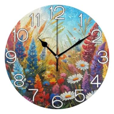 Imagem de GAIGEO Relógio de parede analógico decorativo operado por bateria silencioso relógio de cozinha de escritório, decoração de parede retrô moderna art déco, flor colorida de desenho animado azul, 25 cm