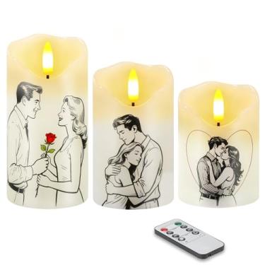 Imagem de Conjunto de 3 velas sem chama para o Dia dos Namorados, velas de LED cintilantes com controle remoto e temporizador, velas de pilar elétricas de cera real reguláveis operadas a bateria para decoração